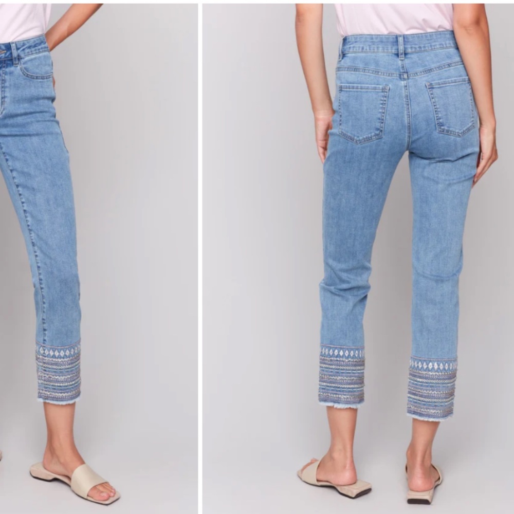 CHARLIE B Light Blue Cropped Jeans with Patterned Hem